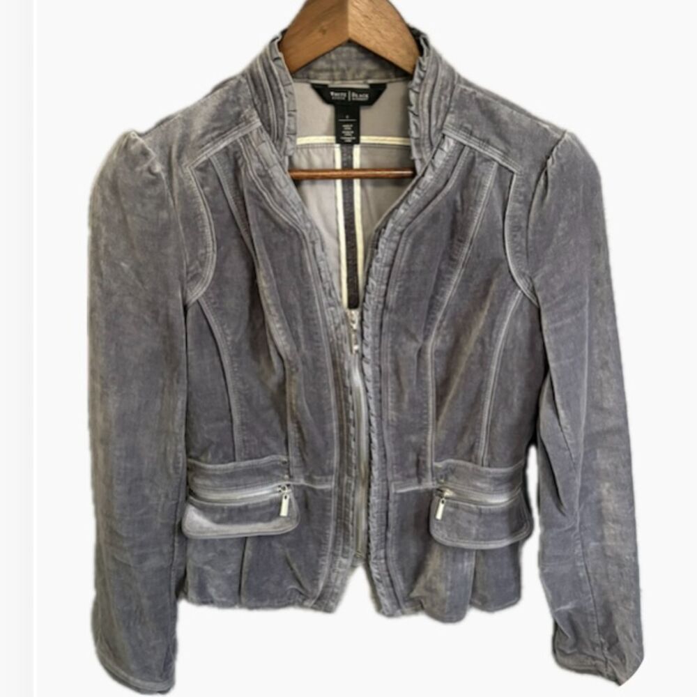 White House Black Market Gray Velvet Zip Jacket Ruffle Trim Moto Size 6